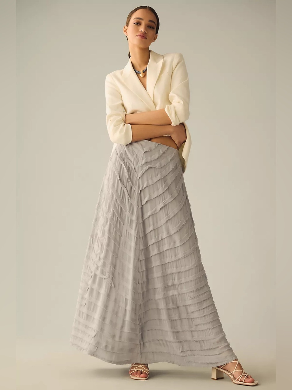 Anthropologie Layered Ruffle Stripe Asymmetrical Maxi Skirt in Gray Size 14